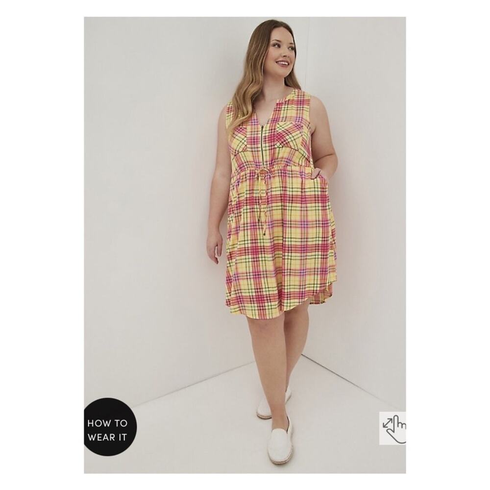 Torrid Yellow Multi Plaid Stretch Challis Shirt Dress Sz.4 NWT